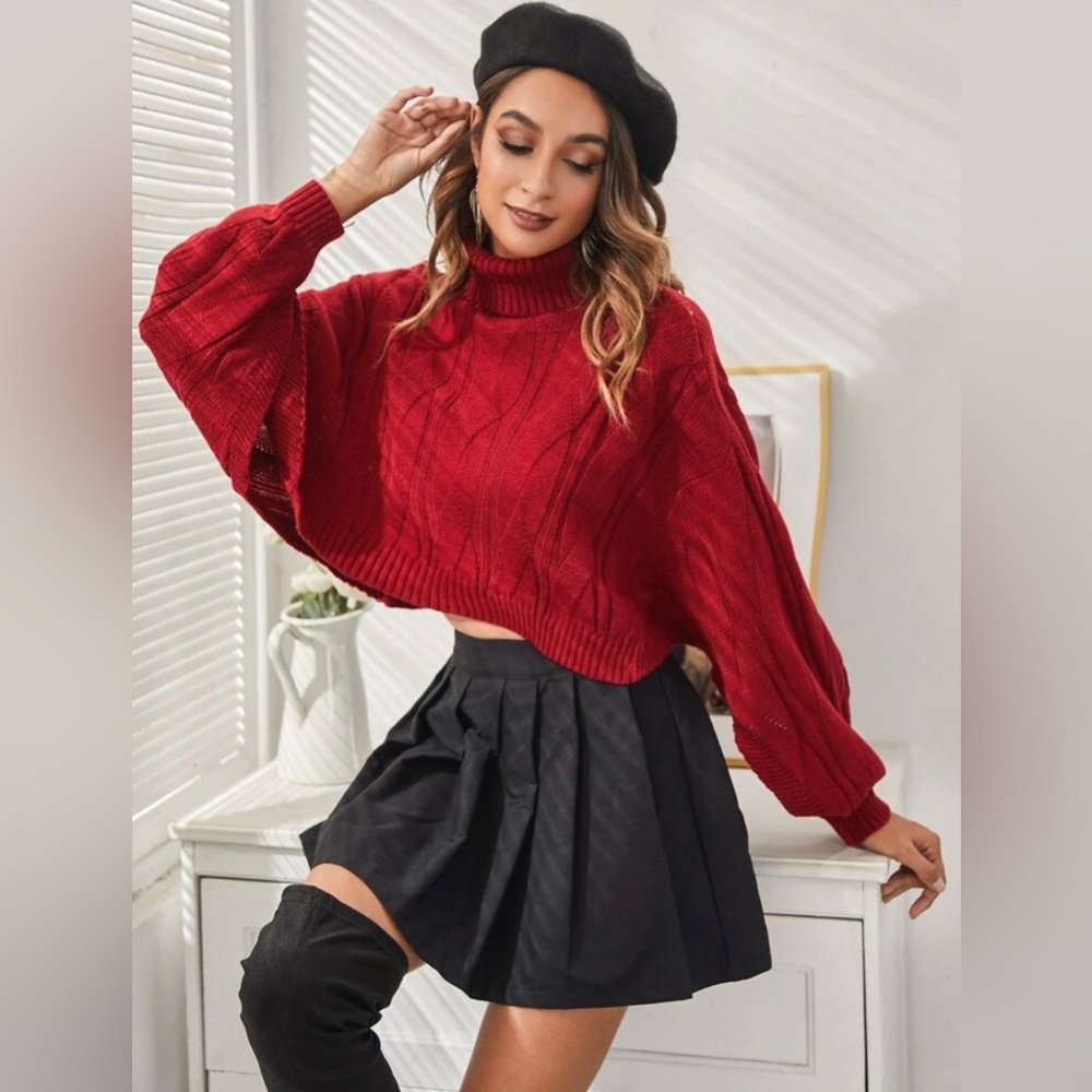Cable Knit Oversized Burgundy Turtleneck Crop Sweater Size M/L